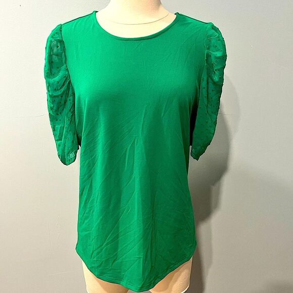 NWT Adrianna Papell Vivid Green Pleated Clip Dot Sheer Sleeve Top Size Large - Picture 2 of 7
